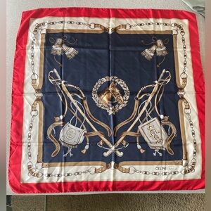 Celine navy and red silk scarf with horse design.